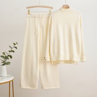Oversized High-Neck Knit Sweater & Drawstring Wide-Leg Pants Set - Minimalist Autumn Loungewear (Gray/Khaki/Beige/Pink/Blue, One Size)