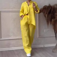 Casual Cotton Linen Solid Shirt Drawstring Wide Leg Pants Set