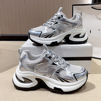 Thick Soled Daddy Shoes Women's New Style Mesh Breathable Fashion Silver Heightening Casual Sports Shoes Trendy Shoes