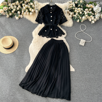 Clothing Fashionable Lapel Short Sleeved Waist Top High Waisted Pleated Skirt Two Piece Set
