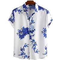 2023 summer style Southeast Asian European American lapel casual ink painting blossom print beach short sleeved shirt