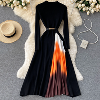 Clothing elegant knitted stitching gradient pleated slim waist wide swing dress