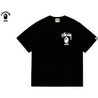 A BATHING APE BAPE-BAPE&Stussy Collaboration Stusey Letter Ape Man T-shirt Made Of Pure Cotton Fabric