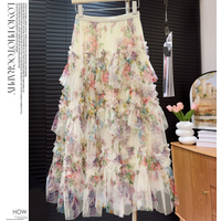 European American Cross Border Heavy Stitching Printed Mesh Cake Skirt Skirt Female Floral Puffy Long Skirt