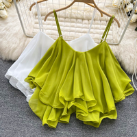 Women’s Clothing Summer Blouse Versatile Loose Ruffled Off Shoulder Double Layer Sleeveless Chiffon Camisole For Women