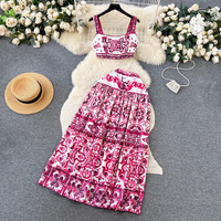 Women's Blue And White Porcelain Print Suit For Women Pure Lust Revealing Waist Camisole + High Waist Mid-length Skirt