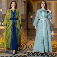 Clothing Middle Eastern Muslim Robe Two Piece Set Belt Dubai Dress Elegant Cardigan Long Skirt