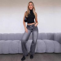 Clothing Simple Mid Waist Non Elastic Straight Denim Trousers