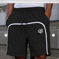 Men's Euro-American Style Side Stripe Shorts - Black Athletic Shorts With Star & B-Logo Embroidery, Drawstring Waistband, Loose Fit Casual Sportswear