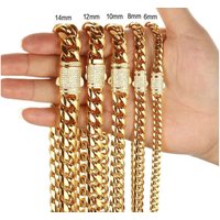 Men Cuban Punk Hip Hop 316L Stainless Steel 18K Gold Plated Miami Bling Crystal Diamond Link 16"-30" Chain Necklaces Box Clasp Curb Long Chains