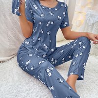 Women’s Sleepwears Milk Silk Home Clothes Women Summer Thin Cartoon Print Short Sleeve Long Pants Can Be Worn Outside