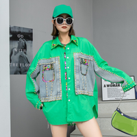 Women's Clothing spring new hand beaded loose fashion patchwork denim shirt for women