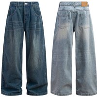 Clothing Retro Washed Old Double Pleated Jeans Trendy Loose Baggy Wide Leg Mopping Casual Trousers