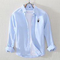 New Men's Casual Long Sleeved Bear Embroidered Square Collar Oxford Spun Pure Cotton Shirt
