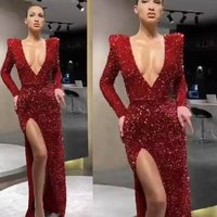 fashion sexy deep V long sleeve embroidered sequined dress slit dress
