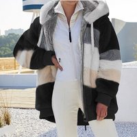 autumn winter warm plush patchwork zipper pocket hooded loose coat