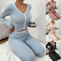 Pajamas Set Loungewear Long sleeved Trousers Lace Splicing Solid Pajamas Long sleeved Trousers Slim fit Suit.