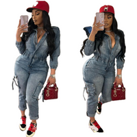 Clothing fashion washed high elastic long sleeved jumpsuit