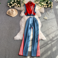 Clothing Half Turtleneck Sleeveless Design Denim Patchwork Striped Short Hot Top + High Waist Slim Wide Leg Pants Two Piece Set