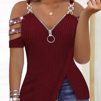 Women's fashion V-neck with rotator cuff irregular T-shirt