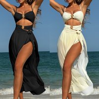 Clothing Solid Sexy Mesh Long Dress Three Piece Swimwear Bikini
