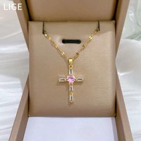 Stainless Steel Chain Classic Shiny Zircon Cross Heart Pendant Necklace For Women Lady Fashion Jewelry Accessories Gifts
