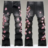 Vaqueros acampanados para hombre con bordado de flor de ciruelo - Estilo urbano vintage lavado (tallas 28-42)