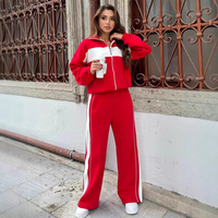 Urban Street Style Block Stripe High Neck Zip Up Top & Straight Leg Pants Two Piece Set