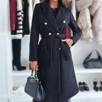 Elegant Double Breasted Belted Wool Blend Coat – Slim Fit Long Trench Coat Notched Lapel Autumn Winter Fashion Outerwear