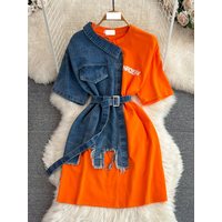 clothing retro Hong Kong style waist waisted round neck block denim shirt spring style chic casual mid length