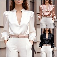 Elegant Satin Long Sleeve Blouse For Women - Office Ready V-Neck Pullover With Modern Draping & Comfort Fit (Black/White/Pink, S-XXL)