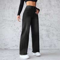 Women's Clothing Temperament Non elastic Straight Wide leg Jeans Women