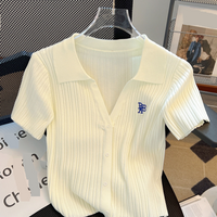 Clothing V Neck Short Tops Summer High Waist High End Small Ice Silk Knitted Polo Shirt Waist Short Sleeved T Shirt