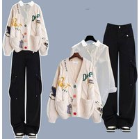 "Officewear 3-Piece Set - Embroidered Cropped Cardigan, Crisp White Shirt & Utility Jeans, Minimalist Business Casual Outfit With Button Details"