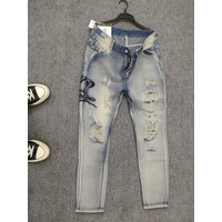 Men's Light Blue Ripped Skinny Jeans Low Waist Slim Fit European Style Trendy Embroidered Long Trousers High Street Fashion