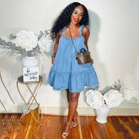 Women's Vintage Denim Lace-Up Camisole Dress Loose Slimming Ruffled Edge Midi Skirt Sweet Versatile Autumn Outfit