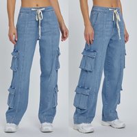 Clothing Spring Street Washed Overalls Pocket Wide Leg Lace Up Jeans