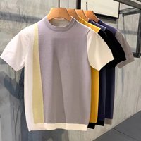 Men's Clothing Summer light mature simple fashion stitching contrast color knitted sweater men youth round neck slim fit all match knitted T shirt men