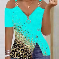 Fashion Print Zip up V neck T shirt