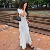 Clothing Temperament Splicing Contrast Hip wrapped Short Sleeve Long Single breasted Knitted Dress