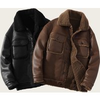 Casual Faux Leather Fleece Lined Jacket Notched Lapel Single Breasted Windproof & Warm Winter Coat Outdoor & Daily Wear
