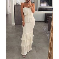 Party Evening Gown Strapless Press Pleated Maxi Skirt Cake Layer Dress685