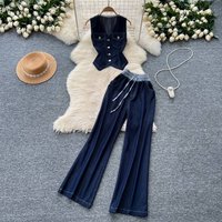 Clothing V Neck Sleeveless Single Breasted Top Two Piece Suit Casual Wide Leg Trousers