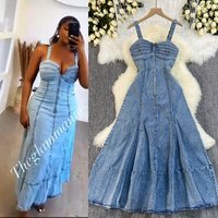 European American Cross Border Summer Denim Dress Suspenders Backless High Waist Zipper Slim Long Swing Denim Skirt
