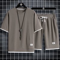 Waffle Sports Casual Suit Short Sleeved Loose Fit Fake Two Piece Set Hong Kong Style
