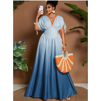 2026 Curvy Gradient Print Maxi Dress Cold Shoulder V Neck Tie Bow Line Slim Waist Long Gown Summer Beach Music Festival Vacation