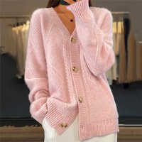 Women's Clothing Solid Color Long-sleeved V-neck Knitted Cardigan Breasted Jacquard Sweater Jacket For Women