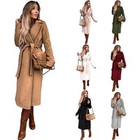 Long Wool Coat – Oversized Trench Coat Belt Classic Lapel Collar Solid