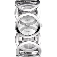 Elegant Quartz Watch Stainless Steel Bracelet Interlocking Rings Fashionable Round Dial 28mm Case Water Resistant