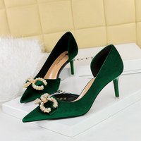 Shoes High Heel Suede Shallow Mouth Pointed Side Hollow Rhinestone Buckle Pearl Bow Single Shoes
